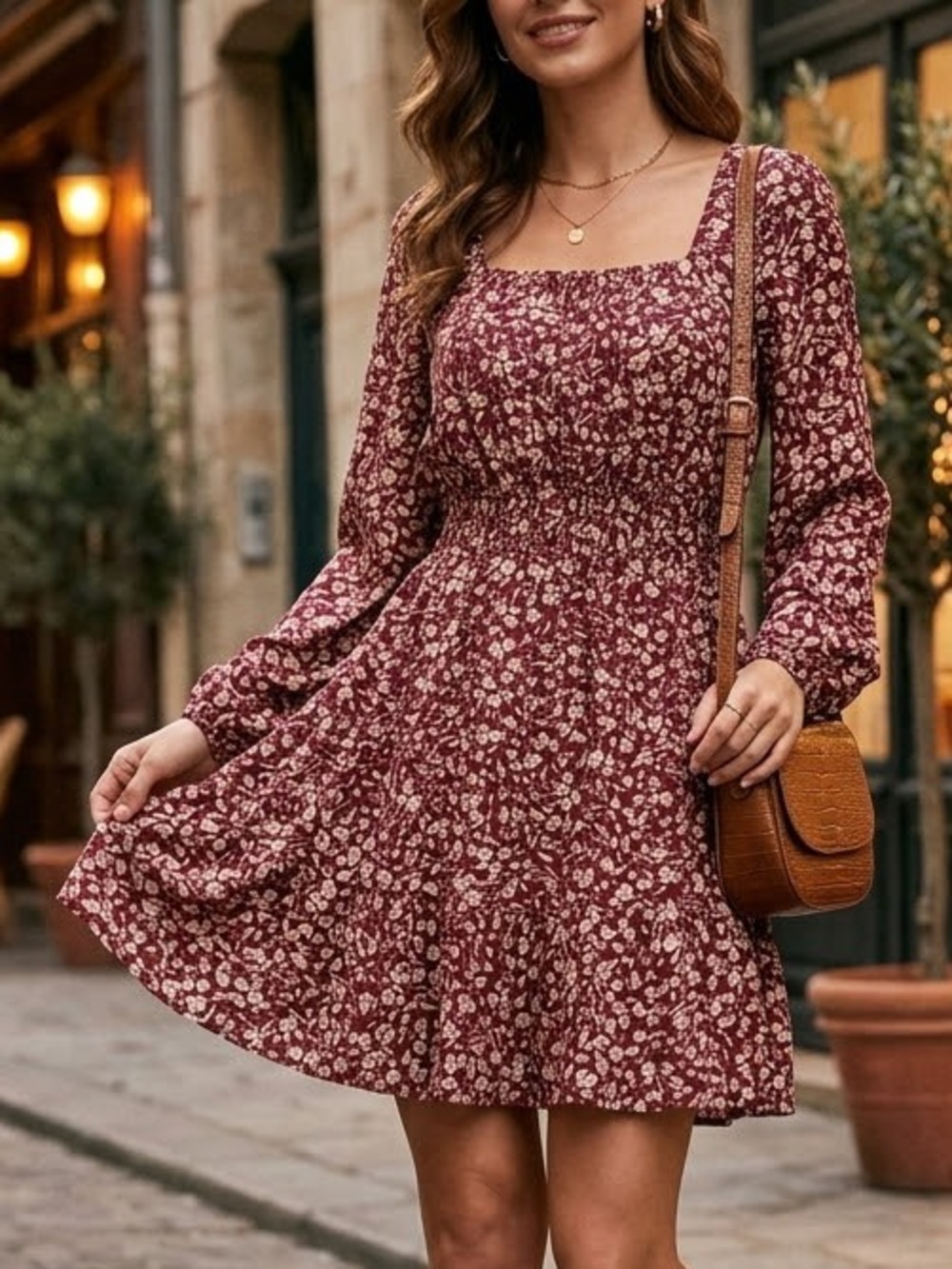 Altar'd by State Burgundy Floral Square-Neck Smocked Mini Dress